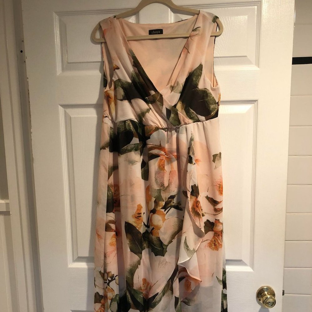 Chaya Floral Peach Sleeveless Faux Wrap Spring Dress 14W
